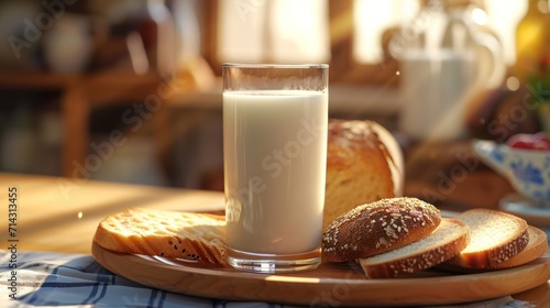  a glass of milk sitting on top of a wooden plate next to a plate of bread and a plate of bagels on a table with a blue and white checkered cloth.