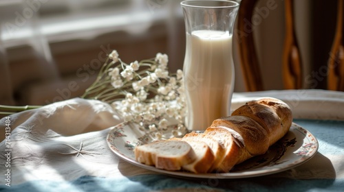  a plate of bread, a glass of milk, and a vase of flowers sit on a table in front of a window with the sun shining through the window.