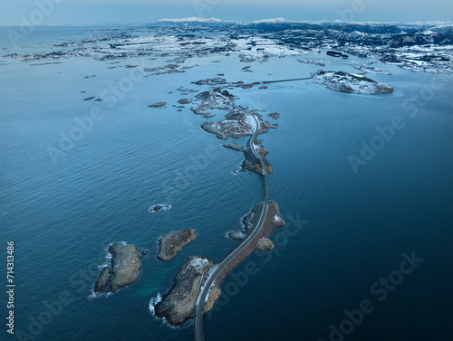 Obraz na płótnie The Atlantic Ocean Road with Storseisundet Bridge in winter (Nordmore, Norway). w salonie