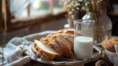  a plate topped with sliced loaf of bread next to a glass of milk and a vase filled with baby's breath next to a vase with baby's breath.