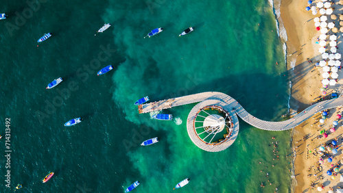 Photos Aerial Vertical Drone Beach Landscape with Tourists and Boats at Puerto Vallarta