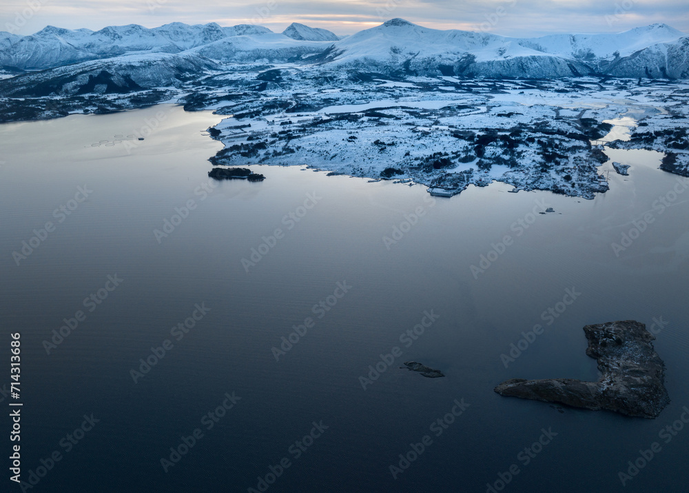 View from the Atlantic Ocean Road in winter (Nordmore, Norway).