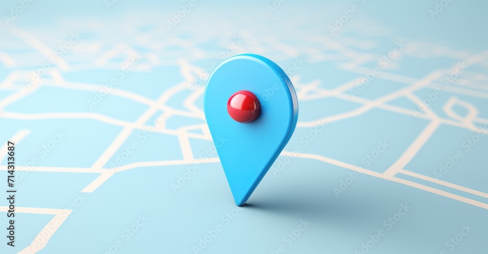 Blue geolocation marker on the map in 3D style. Navigation system. Pin - obrazy, fototapety, plakaty 