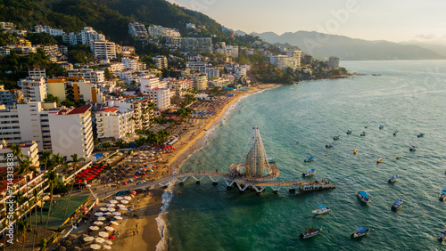 Tableau sur toile Puerto Vallarta aerial of romantic zone old town Nayarit Mexico drone reveal resort and hotel in