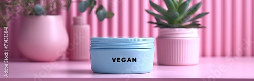 A bright jar of skin and face care cream with the inscription "VEGAN". Concept: cosmetic products without harmful additives, not tested on animals. Caring for the environment. 