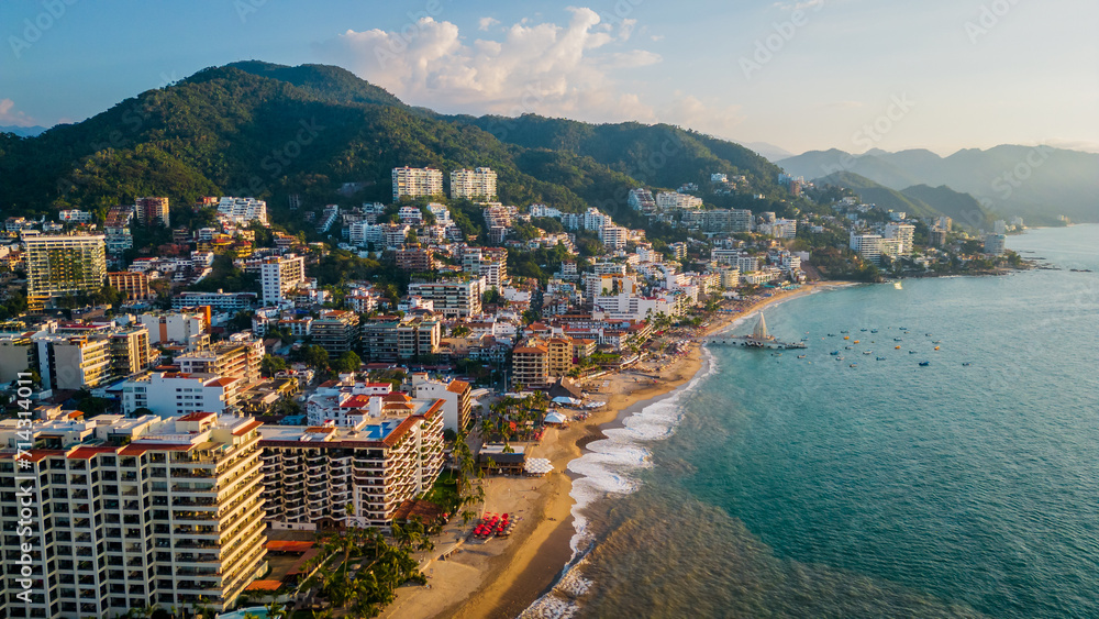 Puerto Vallarta aerial of romantic zone old town Nayarit Mexico drone reveal resort and hotel in. romantic zone travel destination