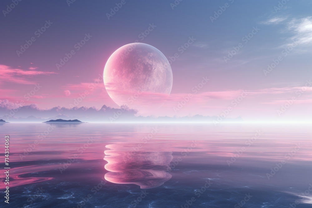 Alien planet landscape with pink moon reflecting in ocean. - obrazy, fototapety, plakaty 