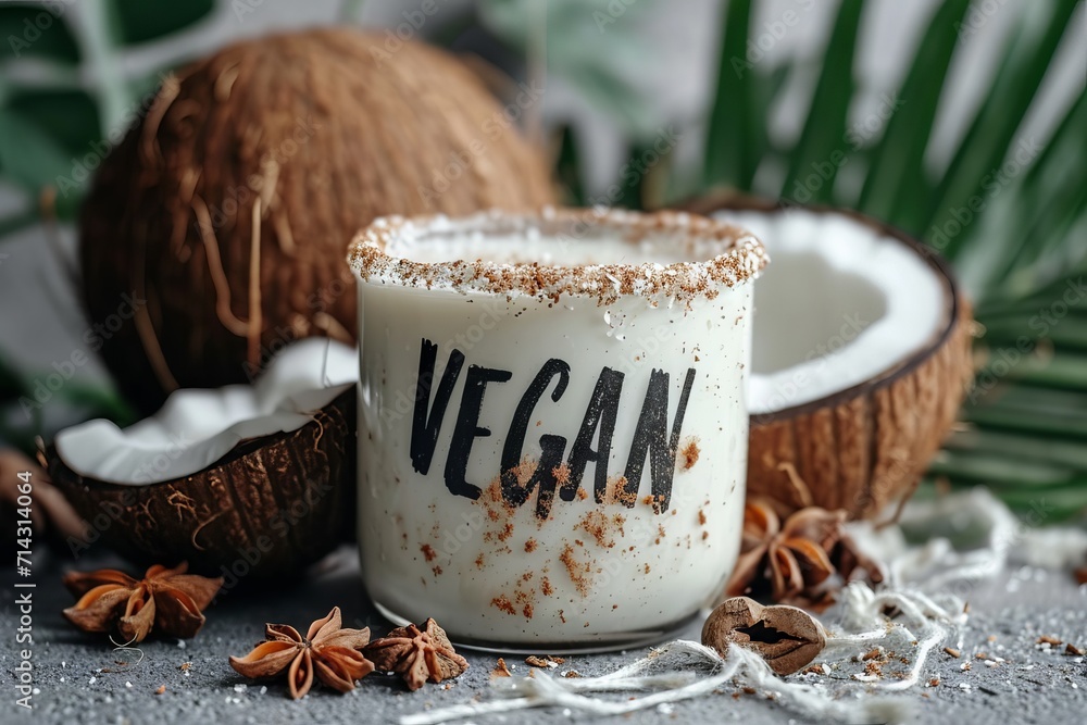 A glass with coconut milk strewn with flakes on a wooden surface surrounded by coconut and palm leaves sprinkled with coconut flakes. Concept: vegan products and cosmetics
A glass with coconut milk strewn with flakes on a wooden surface surrounded by coconut and palm leaves sprinkled with coconut flakes. Concept: vegan products and cosmetics