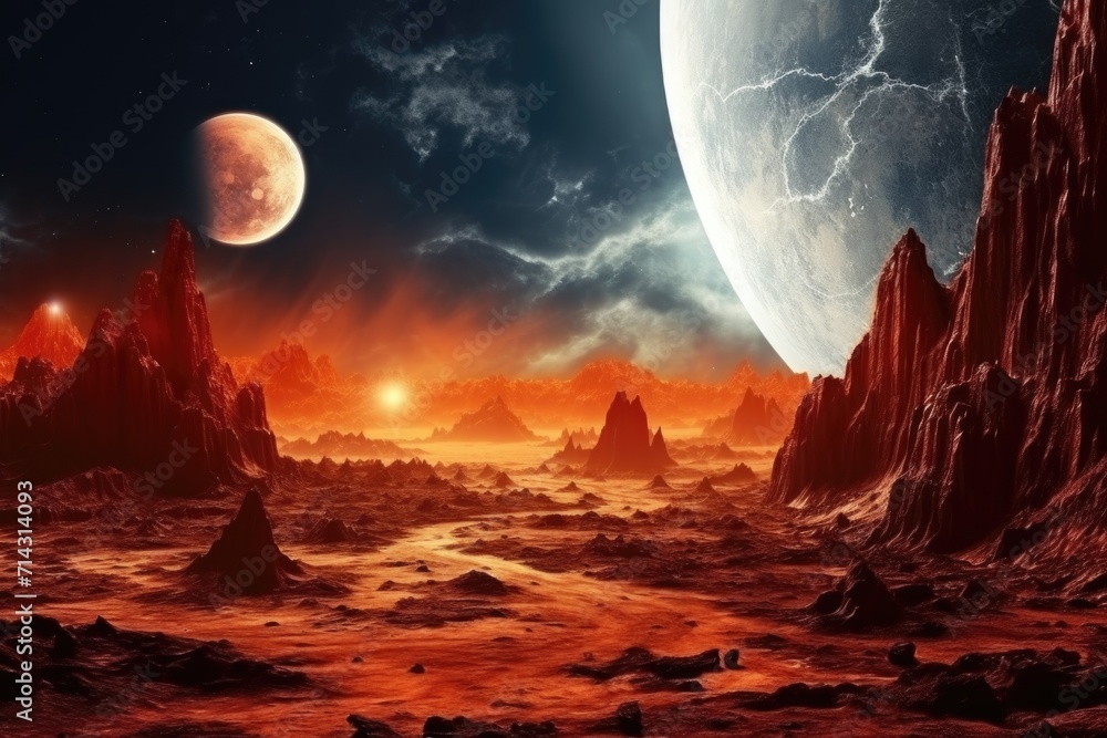 Fantasy alien planet with flaming moon and galaxy background.