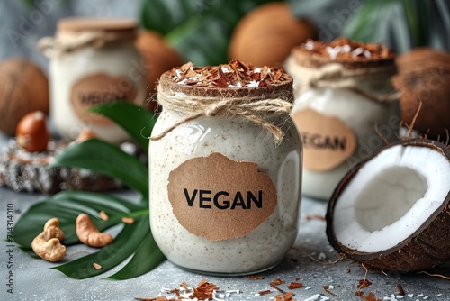 A glass with coconut milk strewn with flakes on a wooden surface surrounded by coconut and palm leaves sprinkled with coconut flakes. Concept: vegan products and cosmetics 