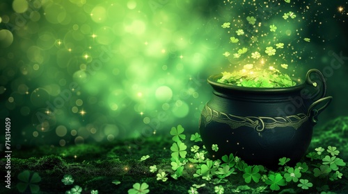 Pot of Green Clovers on Lush Green Field, A Symbol of Luck on St. Patricks Day