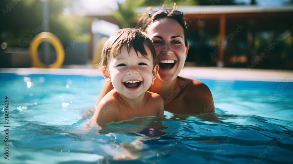 A happy child playing in the pool together with mother.