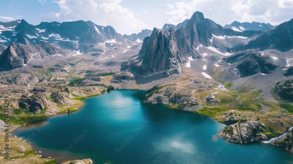  a blue lake surrounded by mountains under a blue sky with a few clouds in the middle of the picture and a few people standing on the other side of the lake.