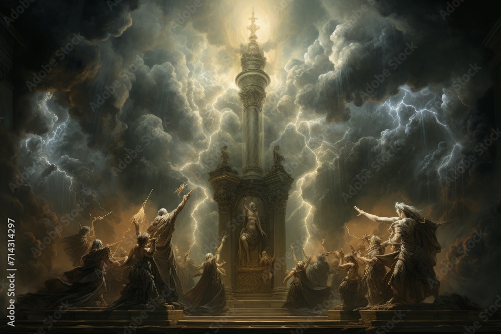 Obraz premium Ferocious thunderstorm giants, summoning lightning and thunder with their mighty presence - Generative AI