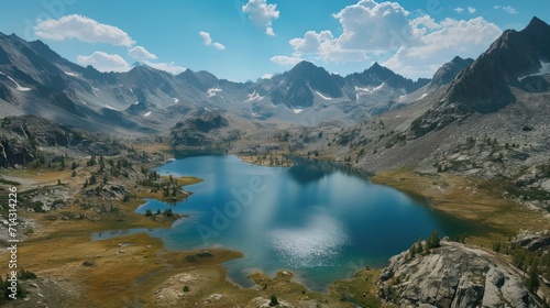  a blue lake surrounded by mountains under a blue sky with a few clouds in the middle of the lake is surrounded by grass, rocks, and a few trees, and a few clouds in the foreground.