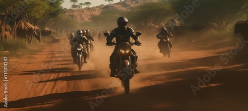 a group of motorcycle riders riding down a dirt road