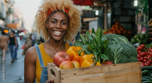 a frothy blonde smiles on city market street while carrying a large wooden bo...