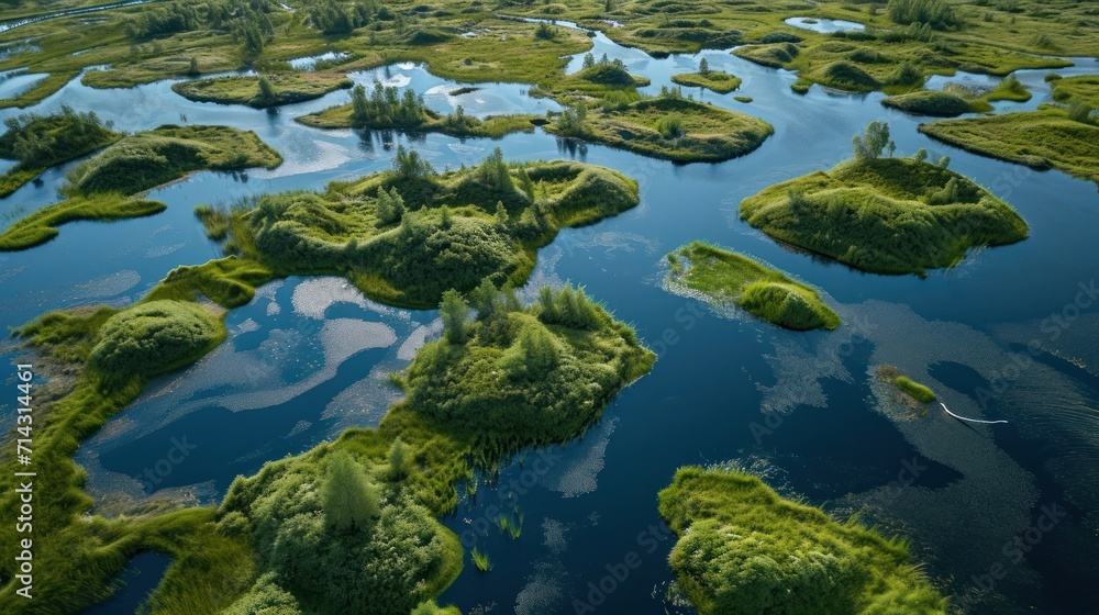 an aerial view of a large body of water surrounded by lush green land and a small island in the middle of the middle of the water is surrounded by trees. an aerial view of a large body of water surrounded by lush green land and a small island in the middle of the middle of the water is surrounded by trees.
