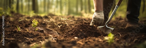 a hand digging into a ground is in focus at the edge of a clearing