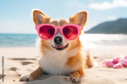 a dog wearing a pink hat and sunglasses on a beach © olegganko