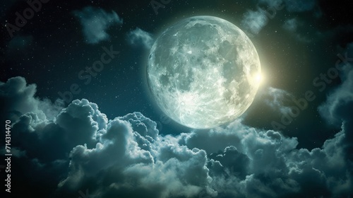  a full moon rising above the clouds in the night sky with a bright light coming from the center of the full moon in the middle of the night sky,. © Anna
