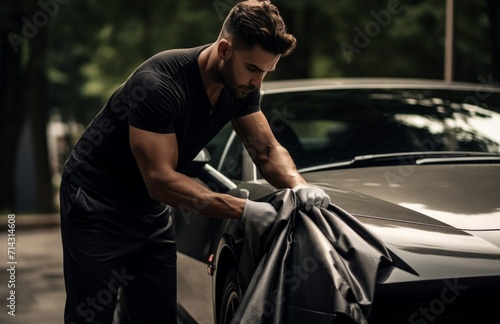 a man cleaning his automobile with a cloth