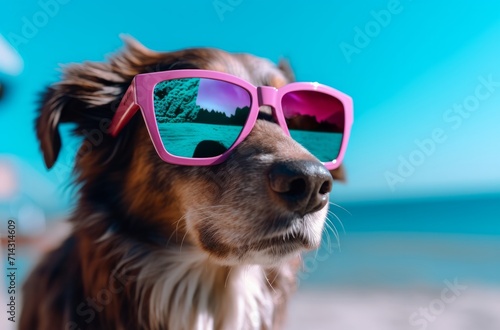 a dog wearing pink sunglasses in the sun