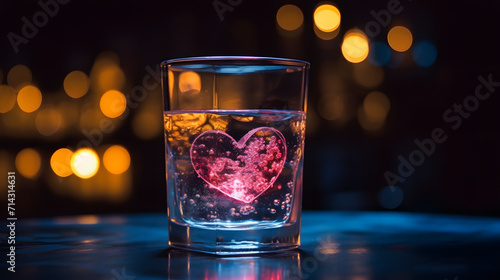 a heart - shaped ice cube in a glass of water on a table in a dark room with lights in the background.