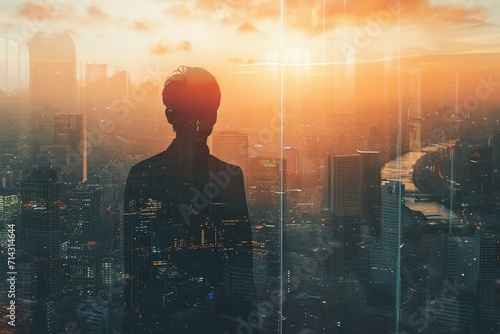 Double exposure image of the businessman standing back during sunrise overlay with cityscape image.
