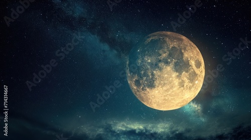  a full moon in the night sky with clouds and stars in the foreground, and a dark blue sky with clouds and stars in the foreground, and a dark blue sky with a few stars.