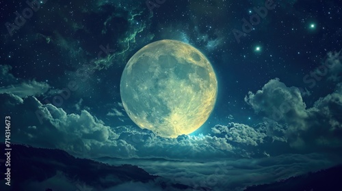  a full moon rising above the clouds in a night sky with stars and a full moon in the middle of the night sky with clouds and stars in the sky. © Anna