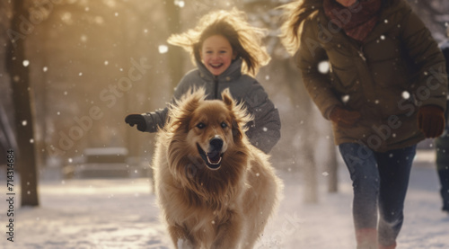 a family runs through snow with a dog © olegganko