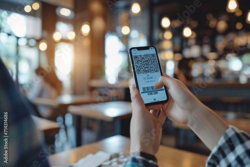 Customer using smartphone to scan QR code for order menu in cafe restaurant with digital delivery, Choose menu and order accumulate discount, E wallet technology to pay online, credit card or bank app photo
