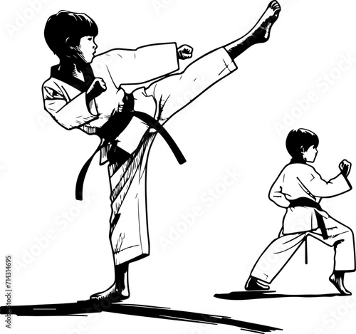 children fighting on the floor sport sparring in karate and taekwondo 