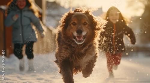 a family runs through snow with a dog