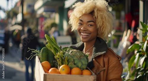 a frothy blonde smiles on city market street while carrying a large wooden bo...
