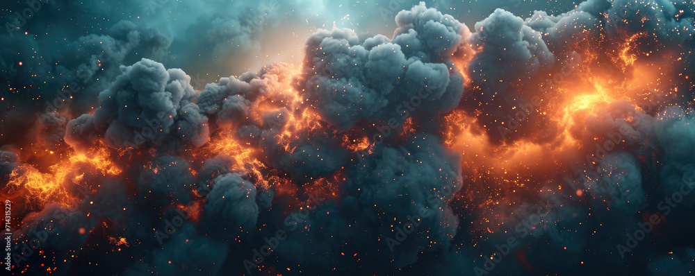 Ominous dark smoke and fiery clouds billow against a dramatic sky, conveying the intensity of a catastrophic event or a natural disaster. Ominous dark smoke and fiery clouds billow against a dramatic sky, conveying the intensity of a catastrophic event or a natural disaster.