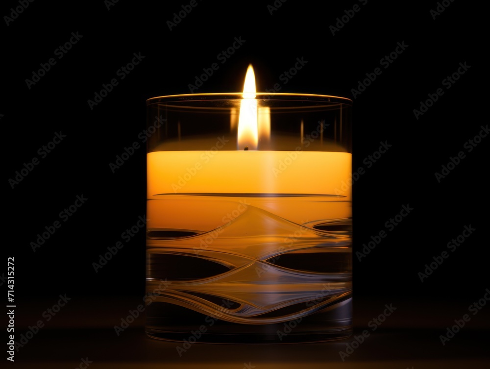 a close up of a lit candle in a glass on a black background with a reflection of the candle in the glass and the light from the top of the candle. a close up of a lit candle in a glass on a black background with a reflection of the candle in the glass and the light from the top of the candle.