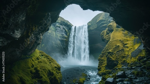  a view of a waterfall from inside of a cave with moss growing on the rocks and water cascading down the side of the cave  with a waterfall in the distance.