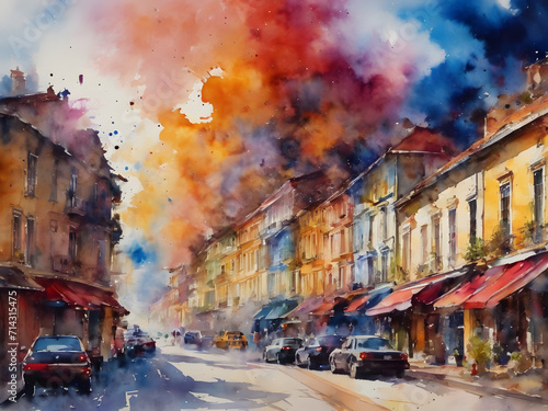 street in the town with coloful smoke