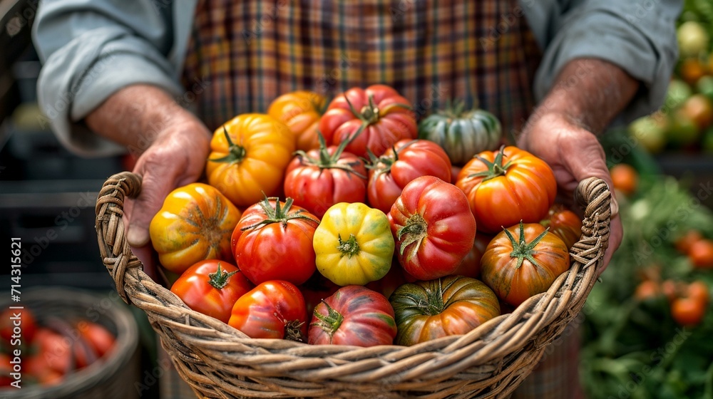 Close-up of a vendor presenting a basket of heirloom tomatoes, highlighting the quality and uniqueness of their offerings. [Vendor with heirloom tomatoes at the vegetable market