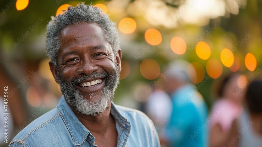 Smiling man participating in a community event, engaging with others and fostering positive connections. [Man at community event Smiling man participating in a community event, engaging with others and fostering positive connections. [Man at community event