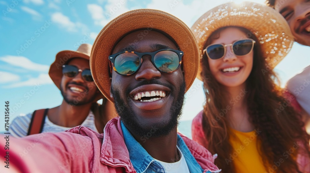 Joyful African-American man taking a selfie with friends, cherishing fun and laughter. [Man taking group selfie with friends Joyful African-American man taking a selfie with friends, cherishing fun and laughter. [Man taking group selfie with friends