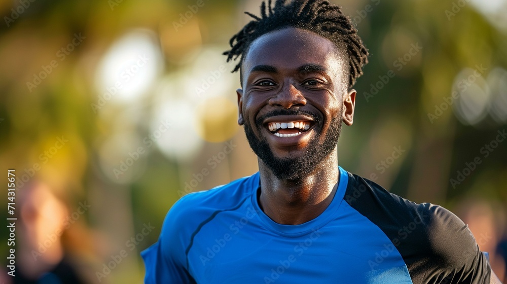 Happy African-American man participating in a charity run, promoting a healthy lifestyle for a cause. [Man in charity run - obrazy, fototapety, plakaty 