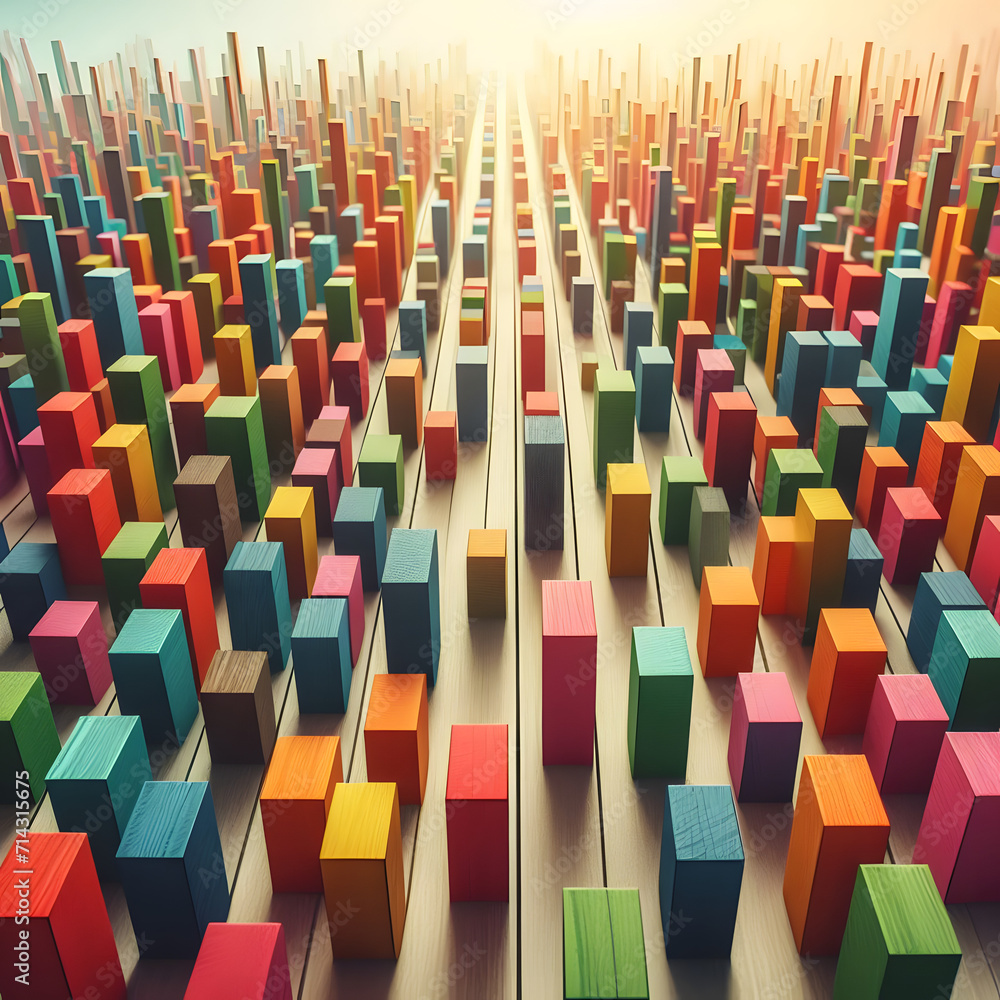 Fototapeta premium Colorful wooden blocks aligned. Wide format, generative AI,