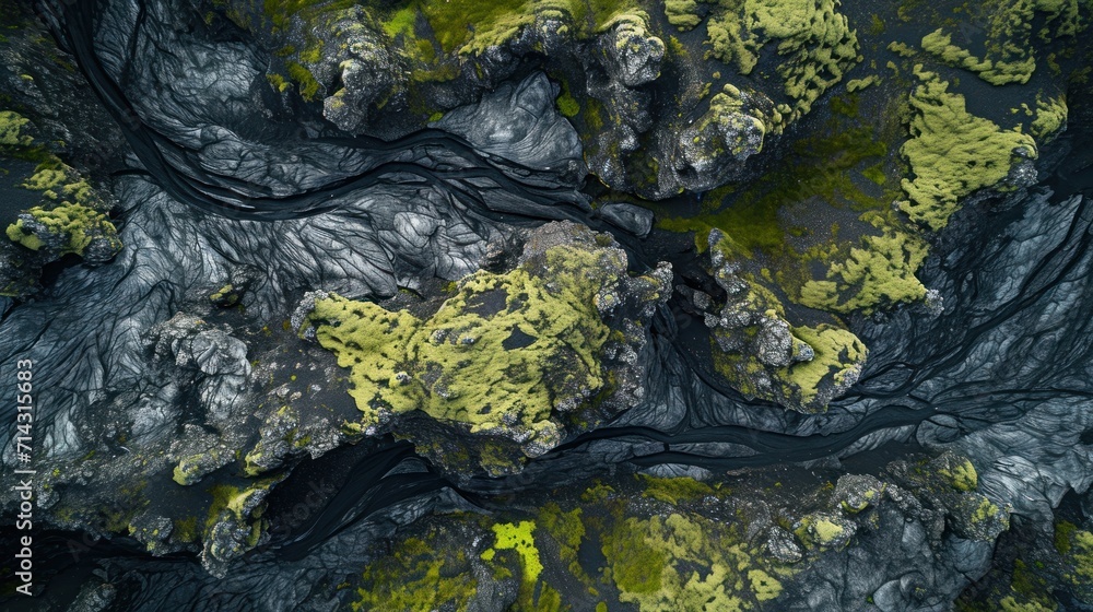 an aerial view of a river flowing through a lush green forest covered in lichen and mossy mossy mossy mossy mossy mossy rock formations. an aerial view of a river flowing through a lush green forest covered in lichen and mossy mossy mossy mossy mossy mossy rock formations.