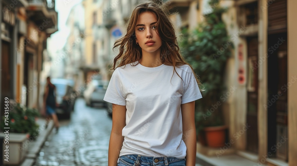 Stylish T-shirt mockup featuring a blank shirt on a model against an urban backdrop, perfect for urban-themed text designs. [T-shirt on model in urban setting