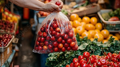 A vendor weighing a bag of fresh cherries for a customer, showcasing the personalized service at the vegetable market. [Vendor weighing cherries for customer at the vegetable marke photo