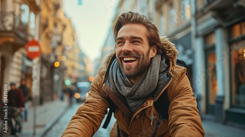 Smiling man enjoying a bike ride through the city, radiating positive energy. [Smiling man biking in the city photo
