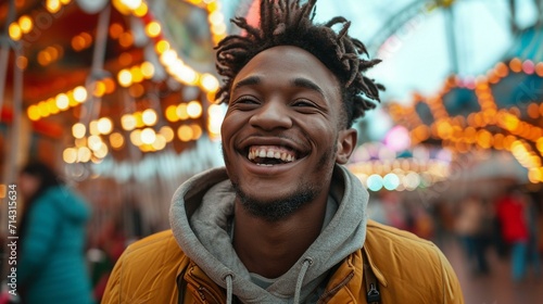 Lighthearted man enjoying a day at the amusement park, filled with laughter and excitement. [Man at the amusement park